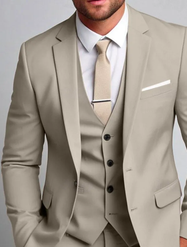 Men's Wedding Suits Notch Notch Lapel Light Khaki Daily Business Solid Colored Plus Size 3 Piece Single Breasted Two-buttons
