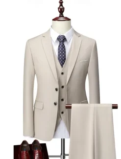 Men's Wedding Suits Notch Notch Lapel Light Khaki Daily Business Solid Colored Plus Size 3 Piece Single Breasted Two-buttons