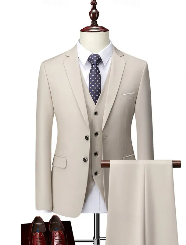 Men's Wedding Suits Notch Notch Lapel Light Khaki Daily Business Solid Colored Plus Size 3 Piece Single Breasted Two-buttons