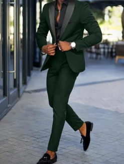Men's Wedding Suits Notch Red Dark Green Fashion Daily Solid Colored Tailored Fit 2 Piece Single Breasted One-button