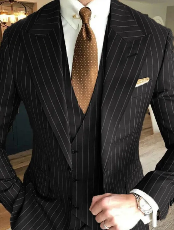 Men's Wedding Suits Peak Black Red Striped Tailored Fit 3 Piece Single Breasted Two-buttons