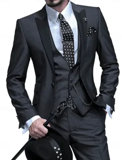 Men's Wedding Suits Peak Black Luxury Solid Colored Tailored Fit 3 Piece Single Breasted One-button