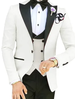 Men's Wedding Suits Peak White Pink Solid Colored Tailored Fit 3 Piece Single Breasted One-button