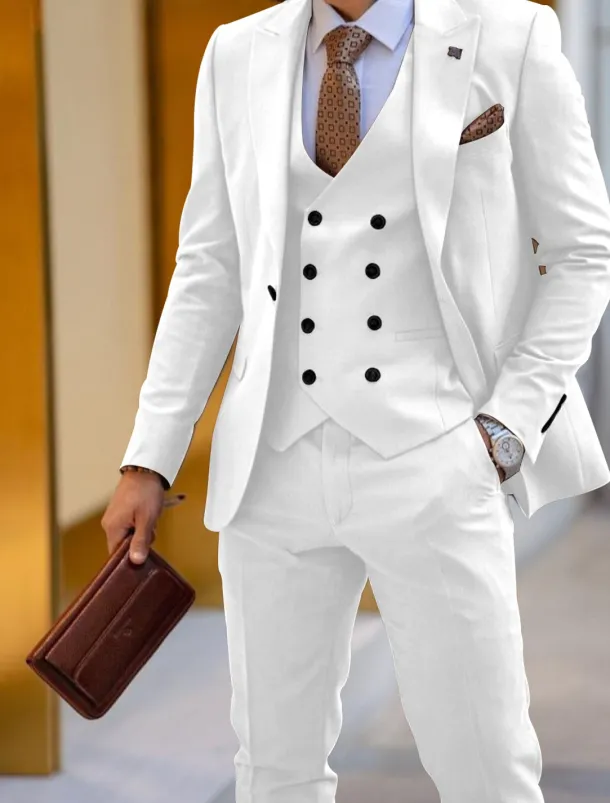 Men's Wedding Suits Peaked Lapel Peak Black White Solid Colored Tailored Fit 3 Piece Single Breasted One-button
