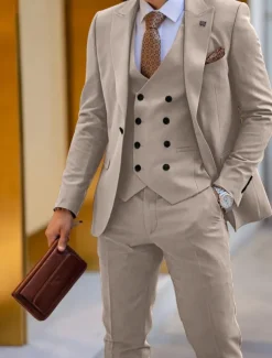Men's Wedding Suits Peaked Lapel Peak Black White Solid Colored Tailored Fit 3 Piece Single Breasted One-button