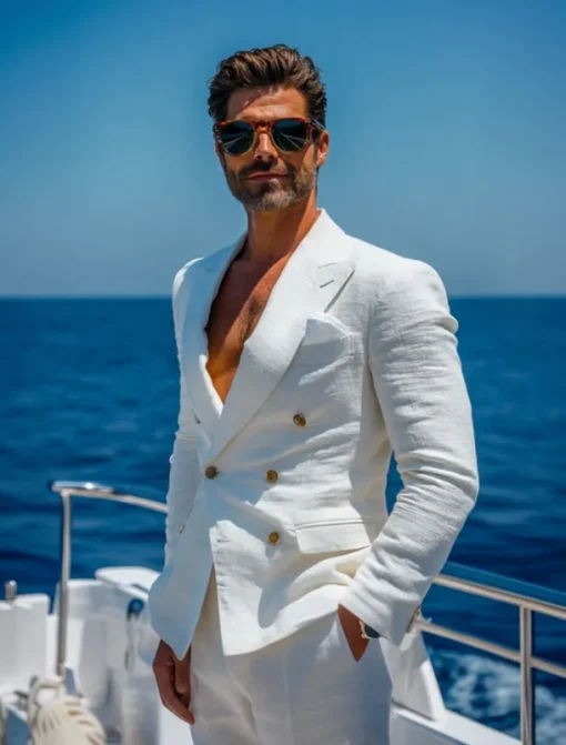 Men's Wedding Suits White Half Lined Lightweight Casual Solid Colored Standard Fit 2 Piece Double Breasted Six-buttons