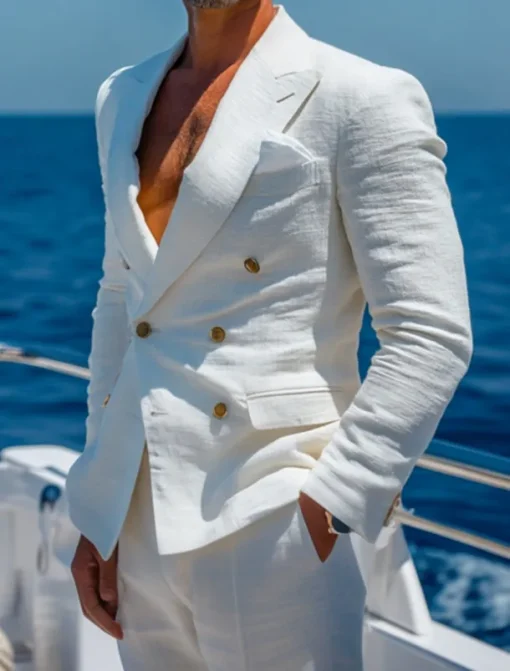 Men's Wedding Suits White Half Lined Lightweight Casual Solid Colored Standard Fit 2 Piece Double Breasted Six-buttons