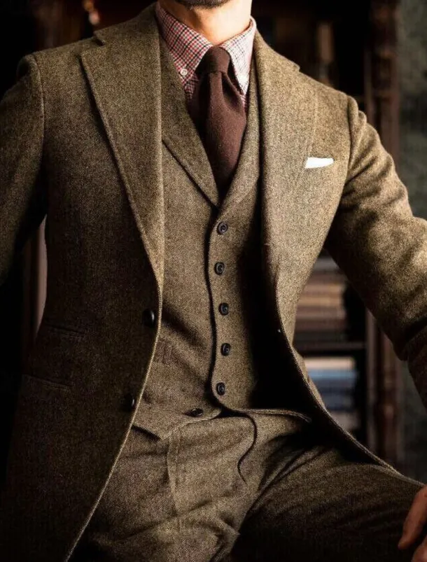 Men's Wedding Tweed Suits Notch Purple Khaki Daily Business Solid Colored Plus Size 3 Piece Single Breasted Two-buttons