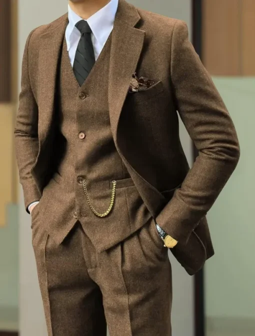 Men's Wedding Tweed Suits Brown Retro Vintage Herringbone Tailored Fit 3 Piece Single Breasted Two-buttons