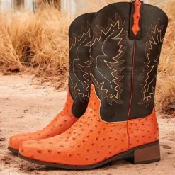 Men's Western Cowboy Boots with Orange Ostrich Leather and Dark Brown Embroidered Upper - Vintage Style for Rodeo and Casual Wear