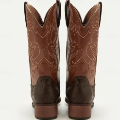 Men's Western Cowboy Boots with Orange Ostrich Leather and Dark Brown Embroidered Upper - Vintage Style for Rodeo and Casual Wear