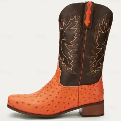 Men's Western Cowboy Boots with Orange Ostrich Leather and Dark Brown Embroidered Upper - Vintage Style for Rodeo and Casual Wear