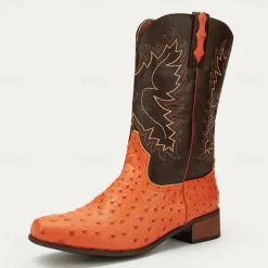 Men's Western Cowboy Boots with Orange Ostrich Leather and Dark Brown Embroidered Upper - Vintage Style for Rodeo and Casual Wear