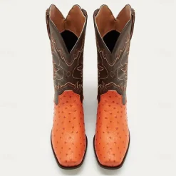 Men's Western Cowboy Boots with Orange Ostrich Leather and Dark Brown Embroidered Upper - Vintage Style for Rodeo and Casual Wear