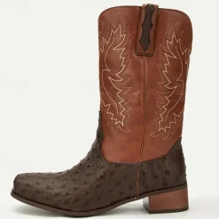 Men's Western Cowboy Boots with Orange Ostrich Leather and Dark Brown Embroidered Upper - Vintage Style for Rodeo and Casual Wear