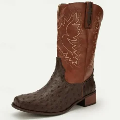 Men's Western Cowboy Boots with Orange Ostrich Leather and Dark Brown Embroidered Upper - Vintage Style for Rodeo and Casual Wear
