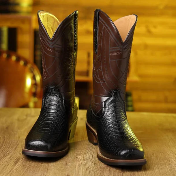 Men's Western Cowboy Boots with Snakeskin Print and Intricate Faux Leather Design – Stylish and Durable Footwear for Rodeo and Country Events