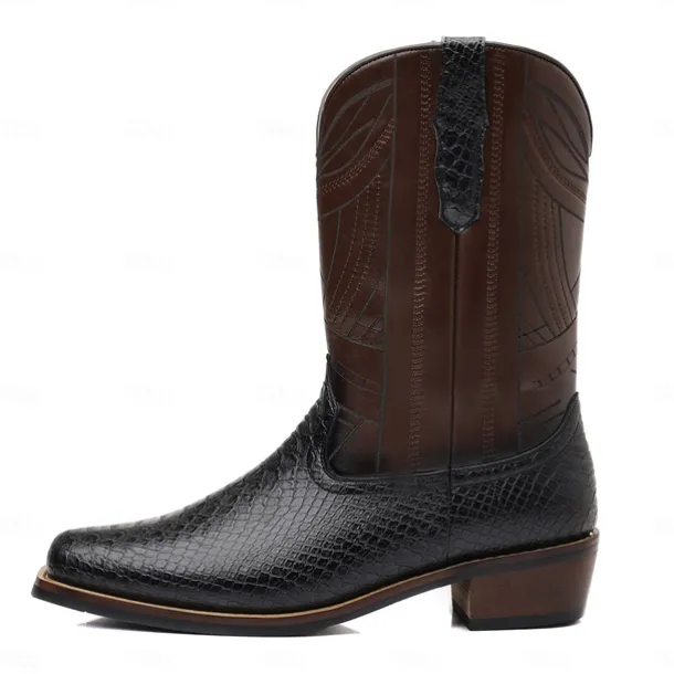 Men's Western Cowboy Boots with Snakeskin Print and Intricate Faux Leather Design – Stylish and Durable Footwear for Rodeo and Country Events