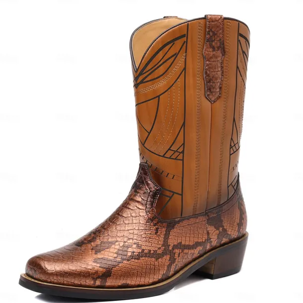 Men's Western Cowboy Boots with Snakeskin Print and Intricate Faux Leather Design – Stylish and Durable Footwear for Rodeo and Country Events
