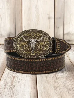 Men's Western Faux Leather Belt with Engraved Floral Design and Bull Skull Buckle – Vintage-Style Cowboy Belt for Rodeo and Casual Wear