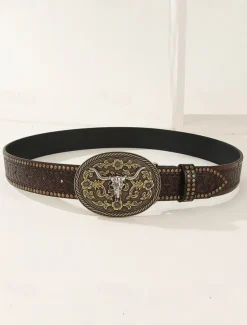 Men's Western Faux Leather Belt with Engraved Floral Design and Bull Skull Buckle – Vintage-Style Cowboy Belt for Rodeo and Casual Wear