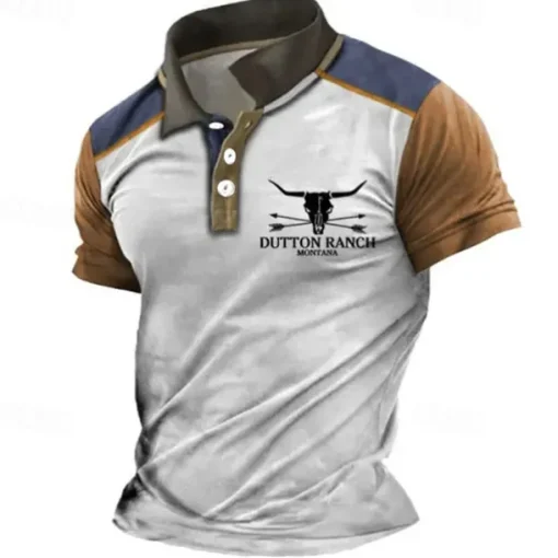 Men's Western Wear Polo Shirts Golf Shirt Short Sleeve Polo Shirts Collared Shirts Vintage Casual Vacation Wear Party Outfits Buttons 3D Print White Blue Khaki