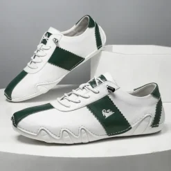 Men's White and Green Casual Sneakers with Unique Wavy Sole and Lace-Up Design – Comfortable Everyday Sport Shoes