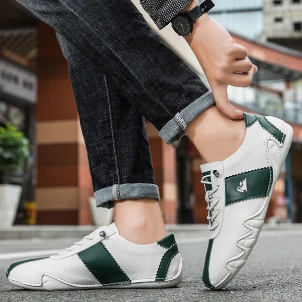 Men's White and Green Casual Sneakers with Unique Wavy Sole and Lace-Up Design – Comfortable Everyday Sport Shoes