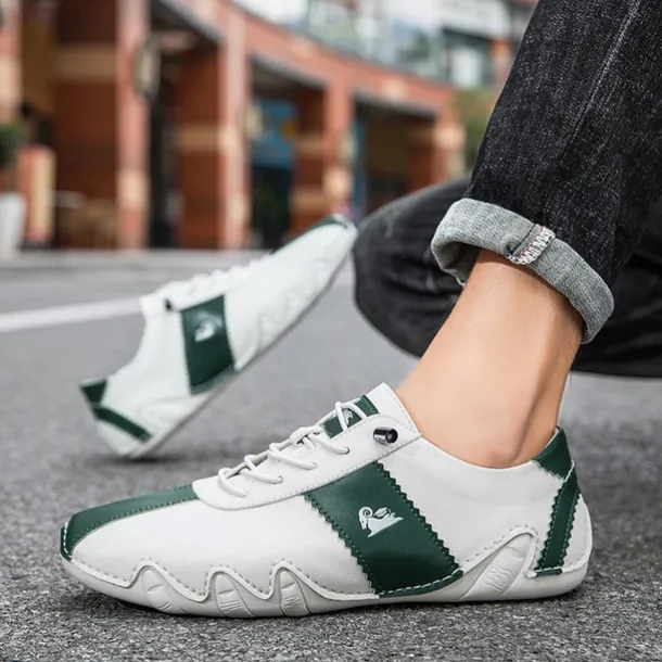 Men's White and Green Casual Sneakers with Unique Wavy Sole and Lace-Up Design – Comfortable Everyday Sport Shoes
