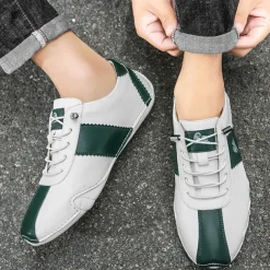 Men's White and Green Casual Sneakers with Unique Wavy Sole and Lace-Up Design – Comfortable Everyday Sport Shoes