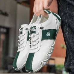 Men's White and Green Casual Sneakers with Unique Wavy Sole and Lace-Up Design – Comfortable Everyday Sport Shoes