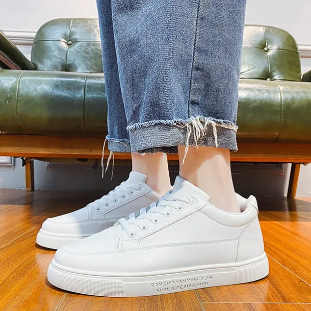 Men's White Casual Sneakers with Lace-up Closure and Comfortable Sole – Stylish Everyday Shoes for Walking and Leisure