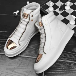 Men's White High-Top Sneakers with Gold Metallic Accents and Zipper Detailing - Luxury Streetwear Fashion Shoes