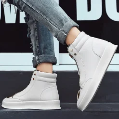 Men's White High-Top Sneakers with Gold Metallic Accents and Zipper Detailing - Luxury Streetwear Fashion Shoes