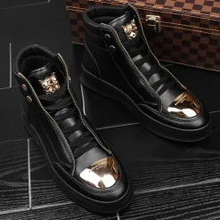 Men's White High-Top Sneakers with Gold Metallic Accents and Zipper Detailing - Luxury Streetwear Fashion Shoes