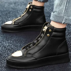 Men's White High-Top Sneakers with Gold Metallic Accents and Zipper Detailing - Luxury Streetwear Fashion Shoes