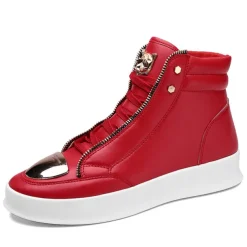 Men's White High-Top Sneakers with Gold Metallic Accents and Zipper Detailing - Luxury Streetwear Fashion Shoes