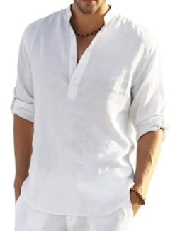 Men's white Linen Shirt Plain V Neck Maroon Black White Army Green Navy Blue Daily Going out Long Sleeve Clothing Apparel Fashion Designer Business Elegant