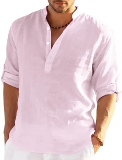 Men's white Linen Shirt Plain V Neck Maroon Black White Army Green Navy Blue Daily Going out Long Sleeve Clothing Apparel Fashion Designer Business Elegant