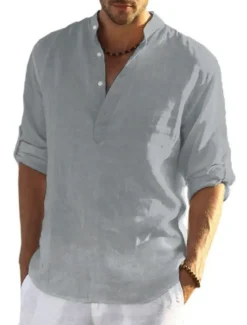 Men's white Linen Shirt Plain V Neck Maroon Black White Army Green Navy Blue Daily Going out Long Sleeve Clothing Apparel Fashion Designer Business Elegant