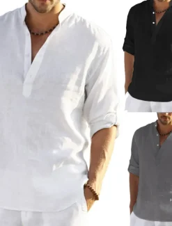 Men's white Linen Shirt Plain V Neck Maroon Black White Army Green Navy Blue Daily Going out Long Sleeve Clothing Apparel Fashion Designer Business Elegant