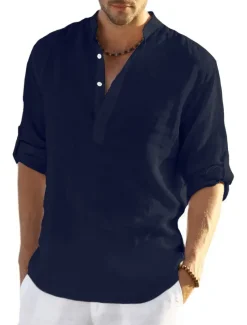 Men's white Linen Shirt Plain V Neck Maroon Black White Army Green Navy Blue Daily Going out Long Sleeve Clothing Apparel Fashion Designer Business Elegant