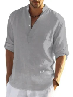 Men's white Linen Shirt Plain V Neck Maroon Black White Army Green Navy Blue Daily Going out Long Sleeve Clothing Apparel Fashion Designer Business Elegant