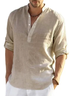 Men's white Linen Shirt Plain V Neck Maroon Black White Army Green Navy Blue Daily Going out Long Sleeve Clothing Apparel Fashion Designer Business Elegant