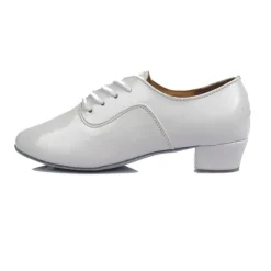 Men's White Patent Leather Lace-Up Dance Shoes – Comfortable Low Heel and Soft Suede Sole for Ballroom and Latin Dance