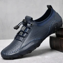 Men's White Perforated Casual Shoes with Hand-Stitched Detailing, Breathable Mesh Upper and Comfortable Slip-On Design