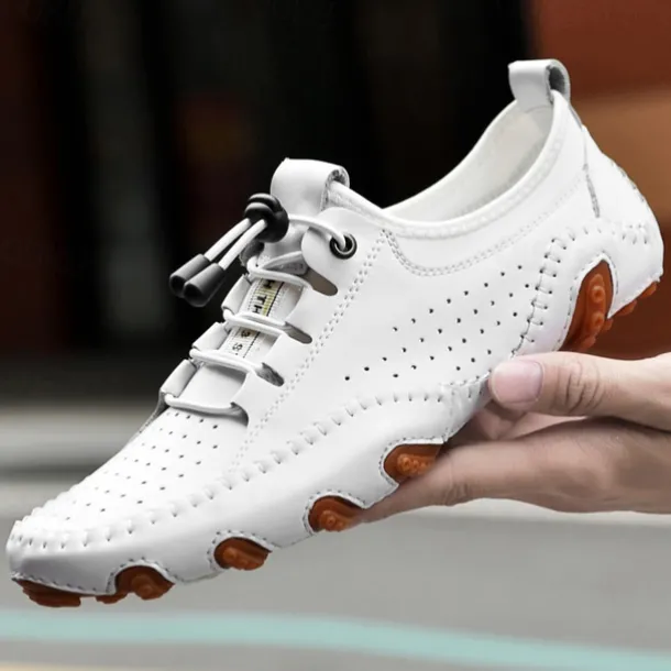 Men's White Perforated Casual Shoes with Hand-Stitched Detailing, Breathable Mesh Upper and Comfortable Slip-On Design