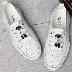 Men's White Perforated Casual Shoes with Hand-Stitched Detailing, Breathable Mesh Upper and Comfortable Slip-On Design