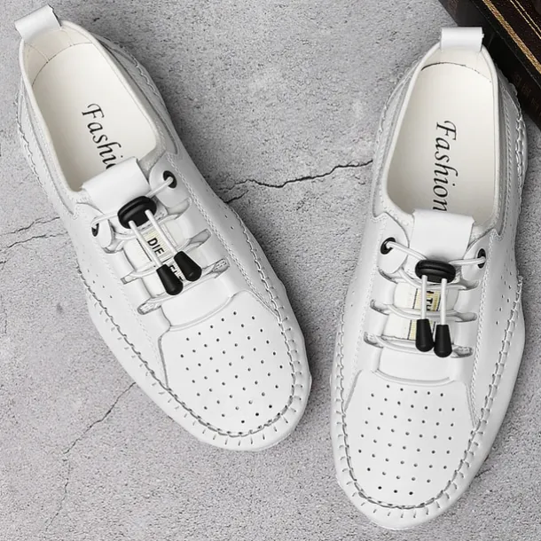 Men's White Perforated Casual Shoes with Hand-Stitched Detailing, Breathable Mesh Upper and Comfortable Slip-On Design
