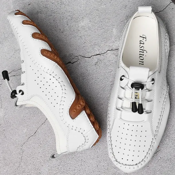 Men's White Perforated Casual Shoes with Hand-Stitched Detailing, Breathable Mesh Upper and Comfortable Slip-On Design